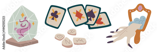 set of cards, runes, mirror with witch's hand, crystal in flat style. Color drawing. Objects fortune-telling. Suitable for fantasy projects, books, games, artwork related to magic, mystical rituals