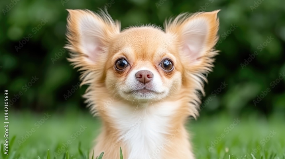Adorable light-tan chihuahua puppy looking directly at camera. Healthy, happy, and playful young dog in a grassy outdoor setting Adorable light-tan chihuahua puppy looking directly at camera. Healthy, happy, and playful young dog in a grassy outdoor setting
