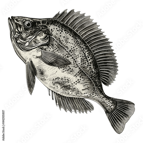 Flounder flatfish engraving, vintage black sketch in classic style, antique fish illustration, retro marine life etching, traditional ocean species artwork, old nautical theme