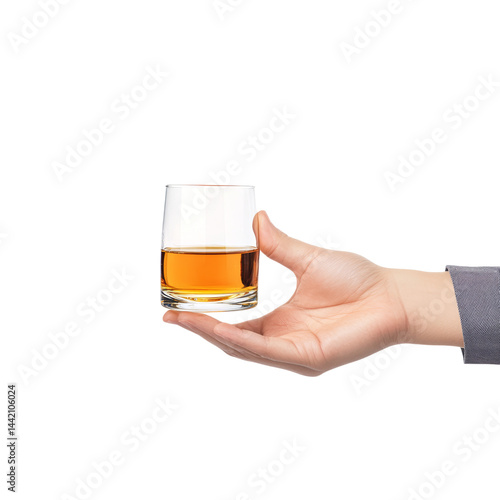 Hand Holding a Glass of Whiskey with Clear Liquid and Ice Cubes Isolated on transparent background