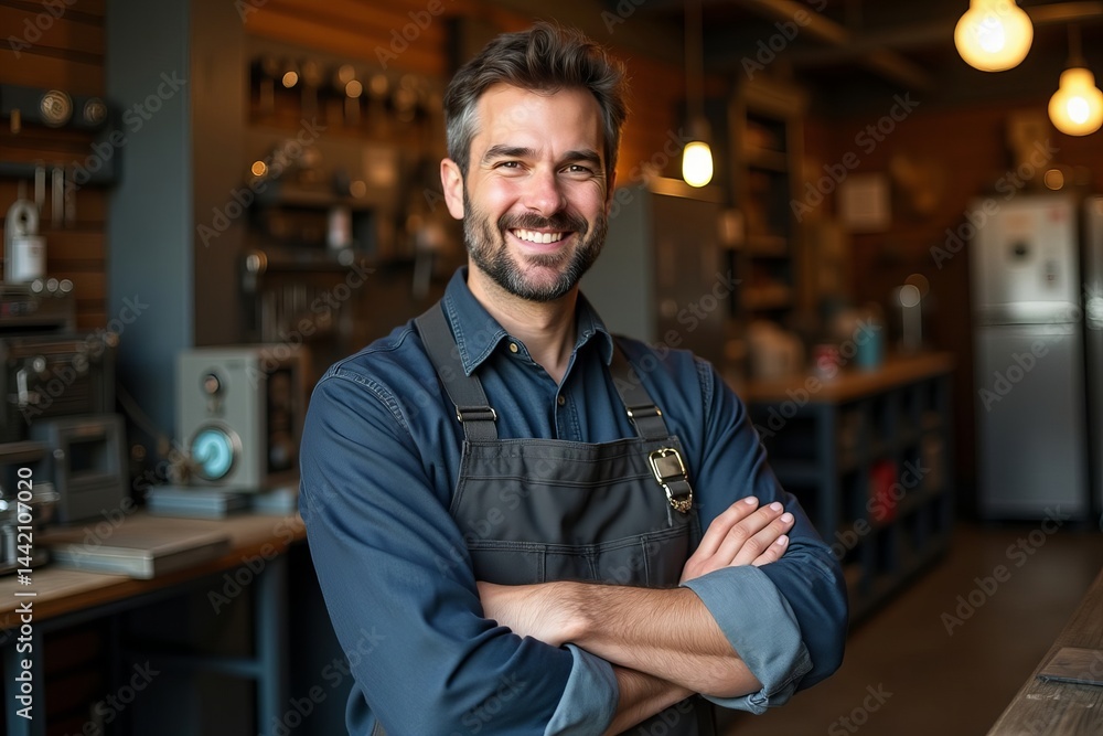 Portrait of a Proud and Skilled Locksmith in Front of His Workshop Portrait of a Proud and Skilled Locksmith in Front of His Workshop