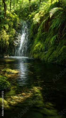 A hidden forest waterfall with crystal-clear water flowing into a serene pool framed by moss and ferns in dappled sunlight Generative AI