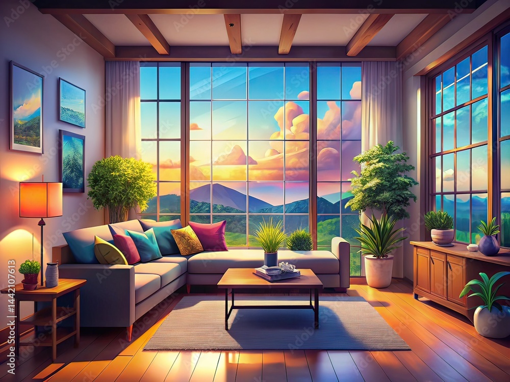 Fototapeta premium Animated Virtual Background Cozy Living Room, Stream Overlay, VTuber Asset