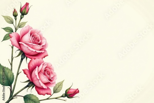 Delicate watercolor roses & buds on a cream background, delicate, wallcovering