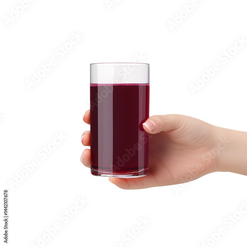 Hand Holding Glass of Fresh Purple Juice with Foam on Top Isolated on transparent background