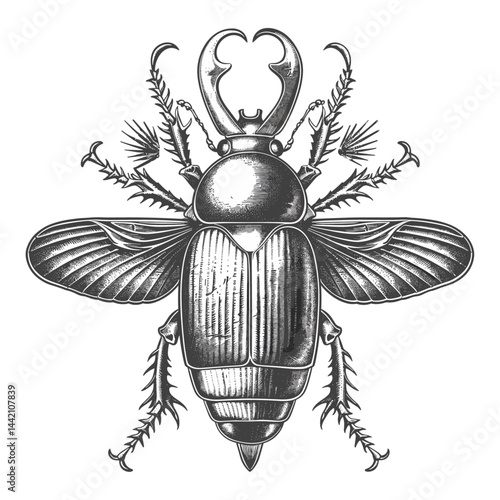 Egyptian sacred scarab beetle, vintage engraving illustration, logo emblem, black sketch, old engraving style, trendy, symbol, beetle art, Egypt mythology, historical insect, antique design