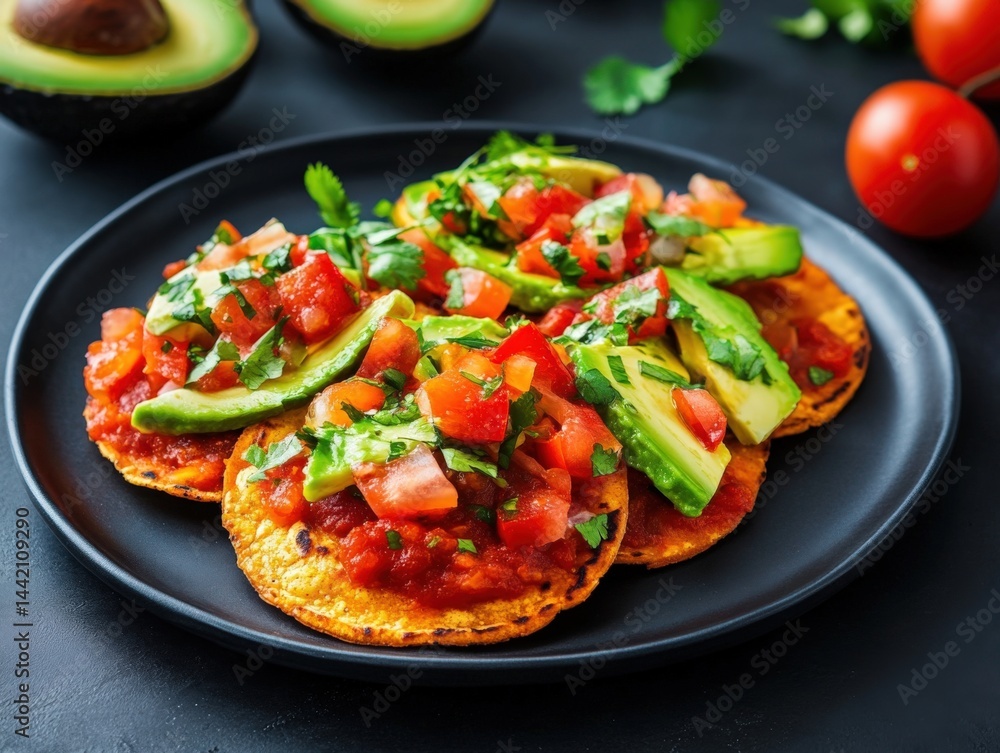 Avocado and tomato tostadas on plate Avocado and tomato tostadas on plate