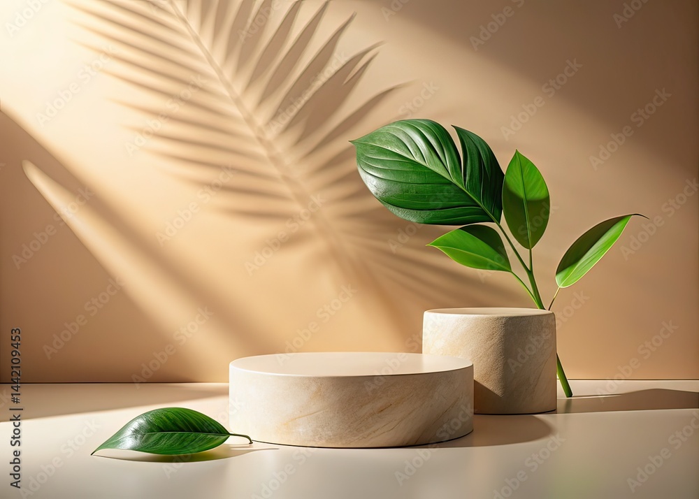 Beige Podium Display with Green Leaf Shadow, Stone Mockup, Minimalist Beauty Product Beige Podium Display with Green Leaf Shadow, Stone Mockup, Minimalist Beauty Product