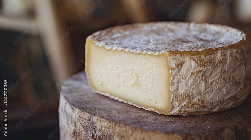 Natural Cheese Wheel on Wooden Surface with Rustic Background Natural Cheese Wheel on Wooden Surface with Rustic Background