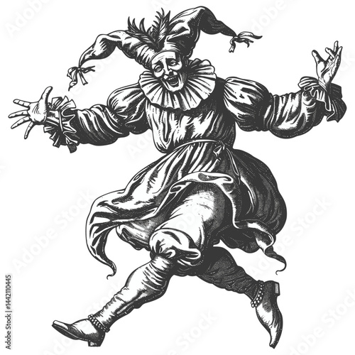 Medieval jester, vintage engraving, logo, emblem, woodcut, black and white line art, old engraving style, trendy, classic artwork, historical design, retro illustration, unique character design