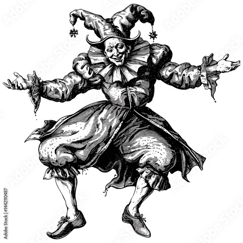 Black and white medieval jester, vintage woodcut, trendy line art, classic logo, old engraving style, historical character, emblem design, retro art, vintage illustration, detailed artwork