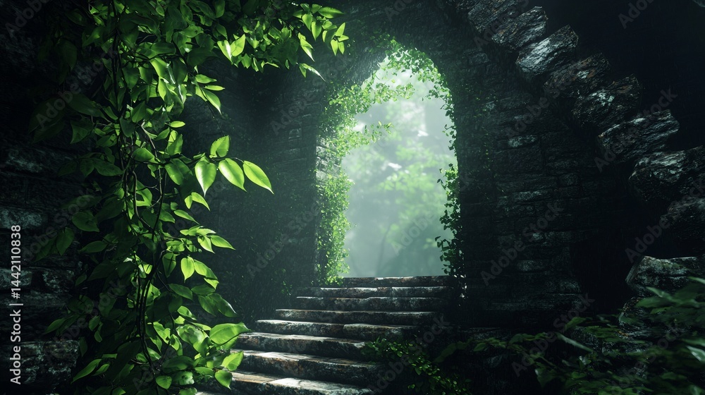 A stone archway with green vines growing up the sides
