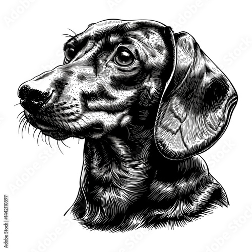 Vintage black engraving illustration, Dachshund dog sketch, logo design, retro emblem, trendy pet logo, isolated object, old style, Dachshund icon, antique animal art, retro dog.