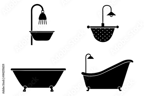 bath tub with shower head vector silhouette illustration isolated on white background