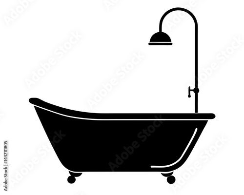 bath tub with shower head vector silhouette illustration isolated on white background