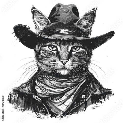 Vintage engraving of a cute tabby cat cowboy, black vector illustration, old sketch, western tattoo, retro art style, trendy cowboy design, animal cowboy sketch, engraved cat portrait, line art