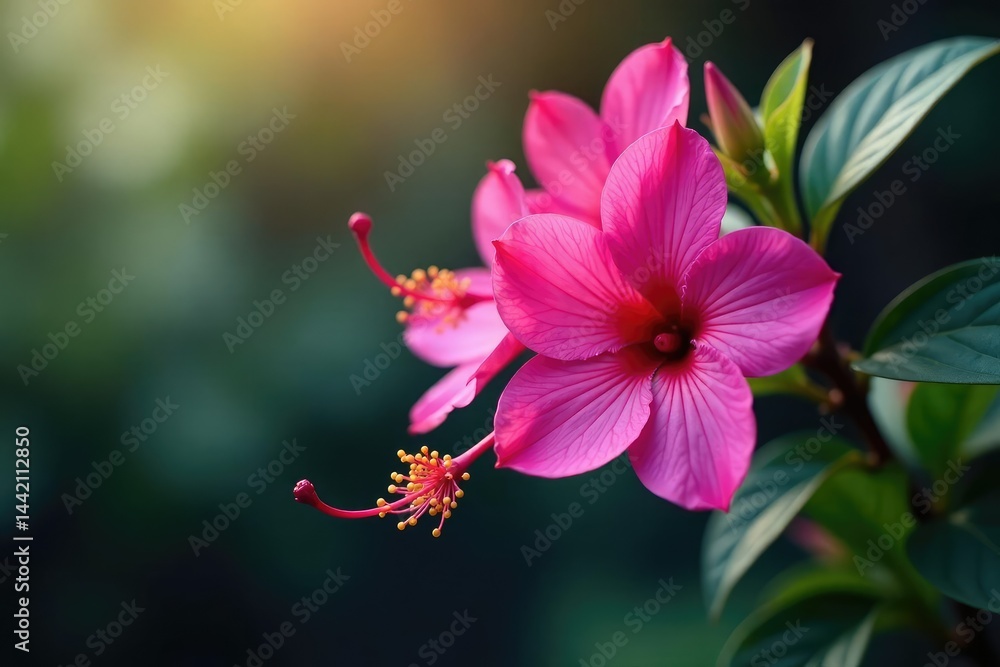 Obraz premium Vibrant fuchsia blossoms, intricate leafy details, magenta flower, vivid, garden