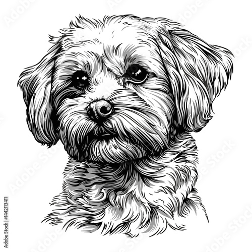 Cute Maltipoo dog logo, black sketch, vintage, trendy, old engraving style, pet illustration, animal design, logo set, cute dog breed, adorable Maltipoo, pet branding, trendy logo