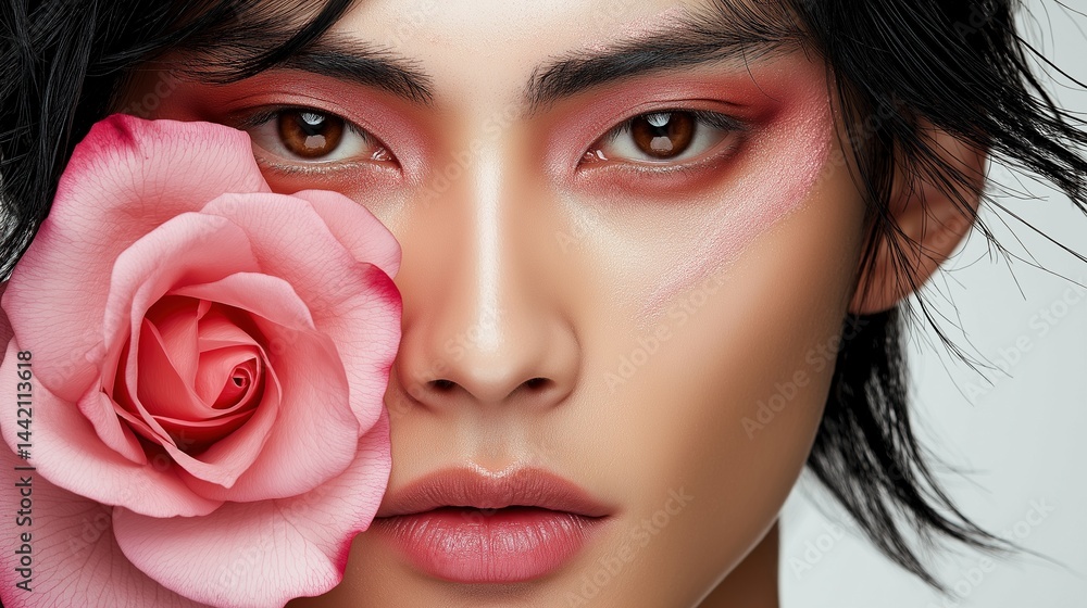 Asian man with intense eye contact, peach makeup and rose portrait image closeup. Bloom model expression close-up photography human scene. Beauty fashion concept photo-realistic