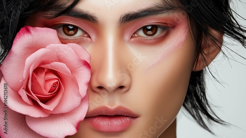 Obraz na płótnie Asian man with intense eye contact, peach makeup and rose portrait image closeup. Bloom model expression close-up photography human scene. Beauty fashion concept photo-realistic w salonie
