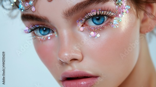 Obraz na płótnie Dreamy woman with crystals around eyes, sparkling lashes and blush portrait image closeup. Fantasy face close-up photography human scene. Fairytale elegance concept photo-realistic w salonie