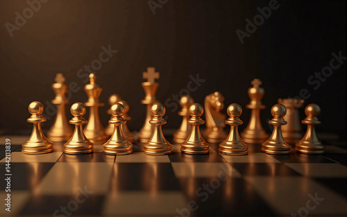 Wallpaper Mural Golden chess pieces arranged on a dark board, reflecting light.  A strategic game setup, ready for play. Torontodigital.ca