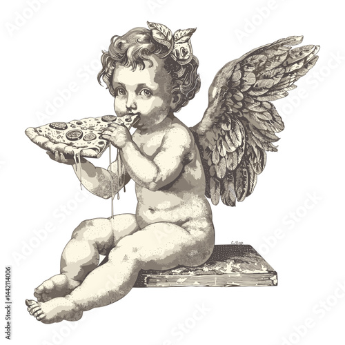 Cute angel Cupid eats pizza, vintage engraved pizzeria emblem, trendy old-style black sketch, retro pizza print, engraved vector design, pizzeria logo, pizza artwork