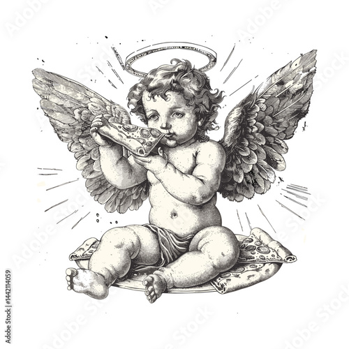 Cute angel baby Cupid, vintage pizza emblem, black sketch, trendy retro design, pizzeria logo, engraved pizza illustration, old vector print, hand-drawn pizzeria