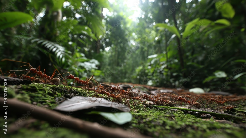 Fototapeta premium Leafcutter Ants Marching Through the Rainforest Floor