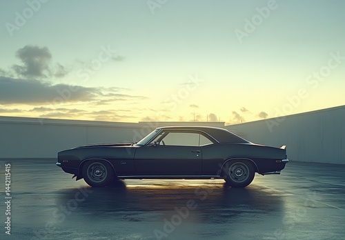 Black Classic Muscle Car at Sunset in Parking Lot