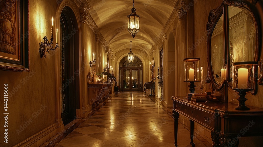 Fototapeta premium Elegant Vintage Hallway with Candles and Antique Decor at Night