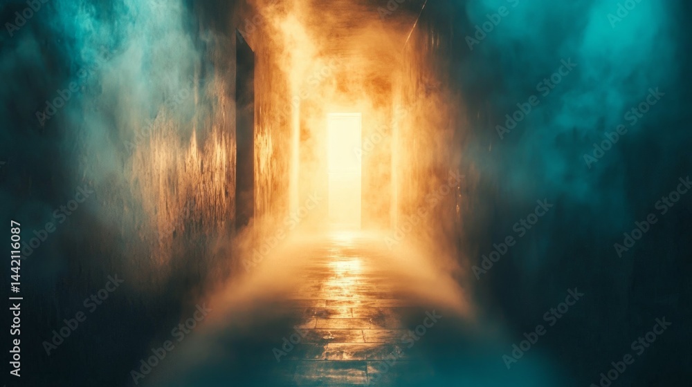 Obraz premium Mysterious Foggy Corridor with Glowing Doorway in Dim Lighting
