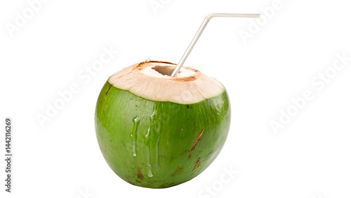 Konstfotografi Fresh green coconut with straw ready to drinking isolated on transparent backgro
