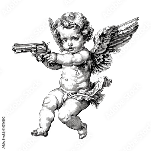 Vintage engraving illustration of a cute baby angel cherub with a revolver, black and white hand-drawn outline, trendy emblem, retro tattoo style, old sketch, graphic icon, classic art.