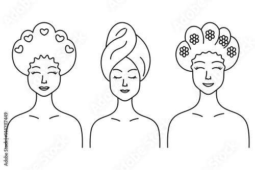 Set of icons with young women in headdresses. Sketch. Turban from a towel, caps for protecting hair from getting wet when bathing, decorated with flowers and hearts. Faces are relaxed. Collection.