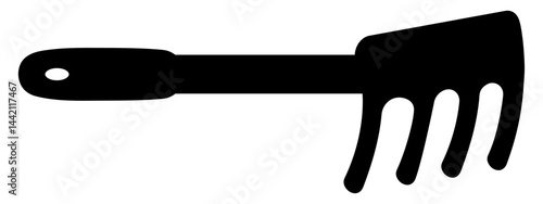 Mini garden rake. Silhouette. Black tool for loosening the soil, removing weeds with a handle and a hole in it for hanging. Vector illustration. Isolated white background. Idea for web design.