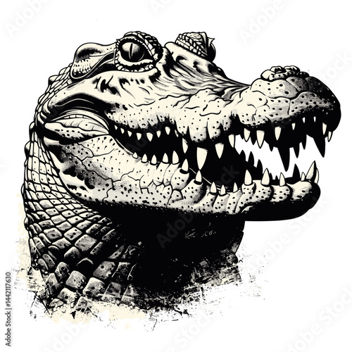 Crocodile, alligator, scary toothy head, old engraving style, vintage black sketch, retro illustration, emblem, trendy, reptile illustration, wildlife, vector artwork, engraving art