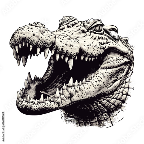 Alligator, crocodile, scary toothy head, vintage engraving style, black sketch, retro illustration, wildlife, reptile art, emblem, trendy, old illustration, wildlife vector.