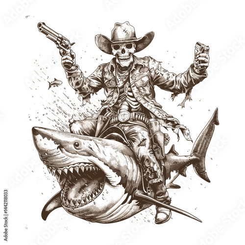 Shark rider skeleton cowboy with gun, vintage engraving, hand drawn tattoo design, old western art, gothic sketch style, horror concept, macabre surrealism, wild west, trendy illustration