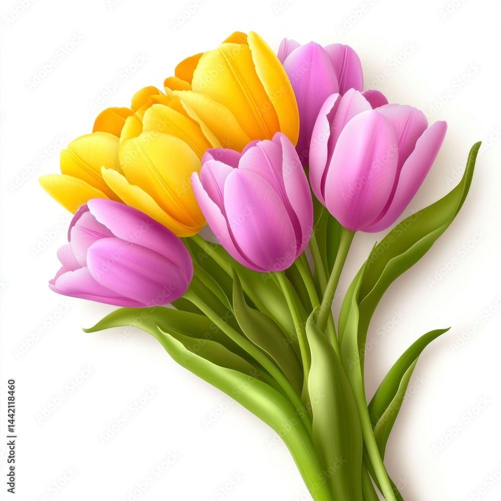 Naklejka premium Vibrant Spring Bouquet of Tulips in Bloom with Bright Colors and Fresh Green Leaves for Floral Arrangement Inspiration