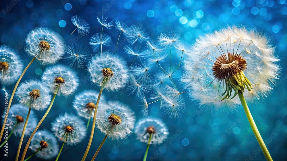 Dandelion Seeds Blowing, Blue Background, Food Photography, Abstract