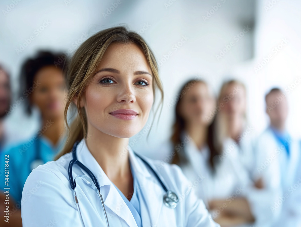 Female physician leading healthcare team, displaying confident smile and professional demeanor in medical setting Female physician leading healthcare team, displaying confident smile and professional demeanor in medical setting