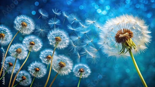Obraz na płótnie Dandelion Seeds Blowing, Blue Background, Food Photography, Abstract w salonie