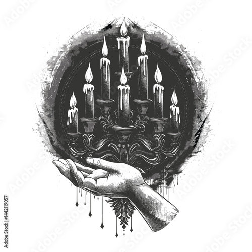 Vintage candelabrum with candles in a woman's hand, mystical isoteric occult vector illustration, black sketch tattoo emblem, magical logo print, engraving style, witchcraft art