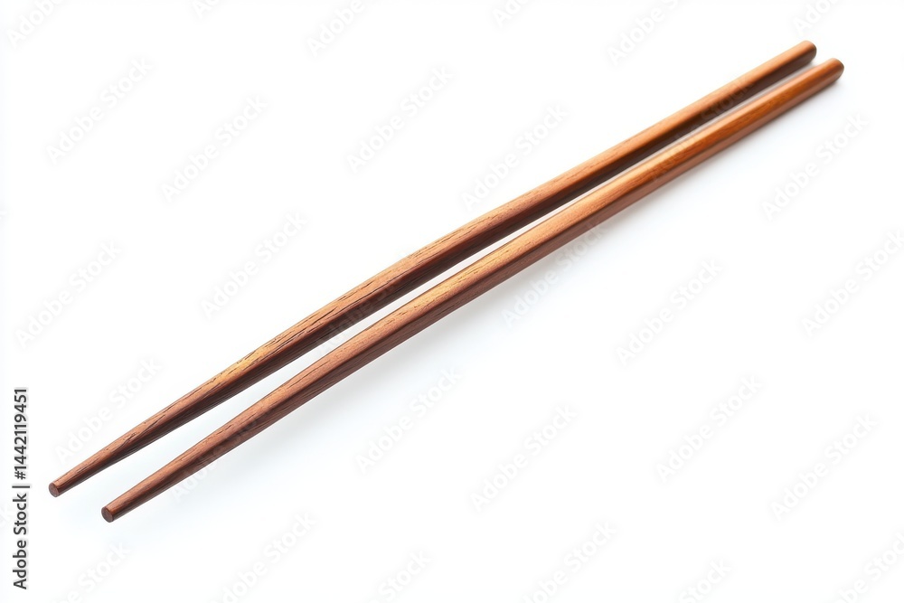 A pair of wooden chopsticks lying diagonally on a white surface in a well lit environment A pair of wooden chopsticks lying diagonally on a white surface in a well lit environment