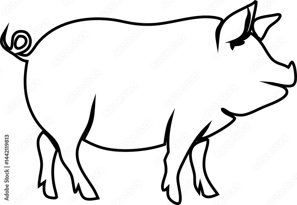 Side view profile of pig outline icon isolated on white. Simple farm animal shadow shape for farming, wildlife, or pet designs Side view profile of pig outline icon isolated on white. Simple farm animal shadow shape for farming, wildlife, or pet designs