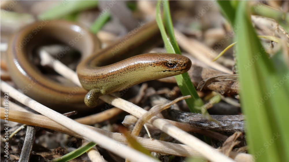 Fototapeta premium Slow Worm Among Grass and Twigs