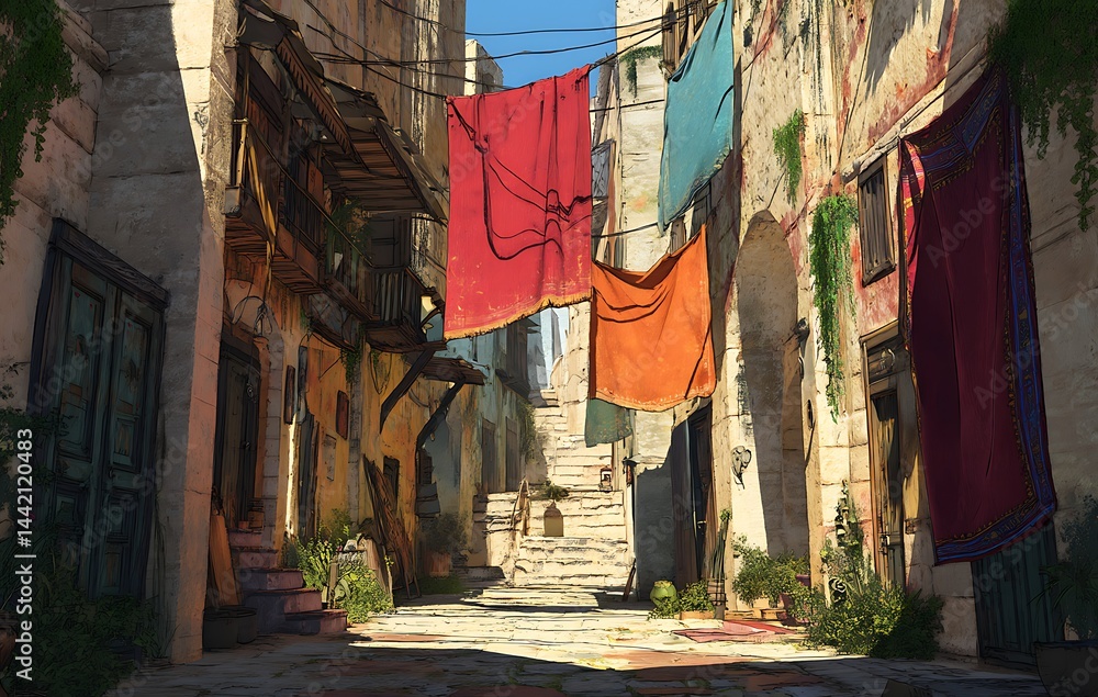 Fototapeta premium Sunlit Mediterranean Alleyway with Colorful Hanging Textiles