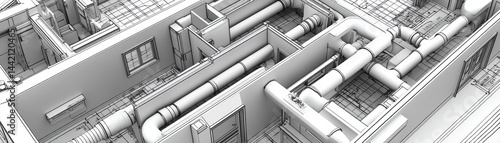 High-angle close-up of a technical drawing highlighting plumbing and electrical systems within a home - Engineering Renovation Schematic