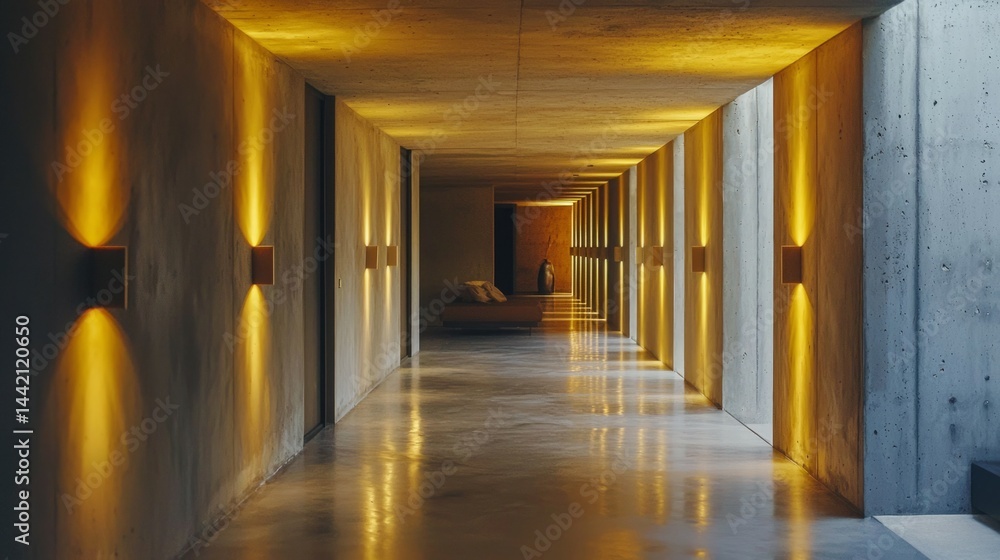 Modern hallway with warm lighting and minimalist design elements Modern hallway with warm lighting and minimalist design elements